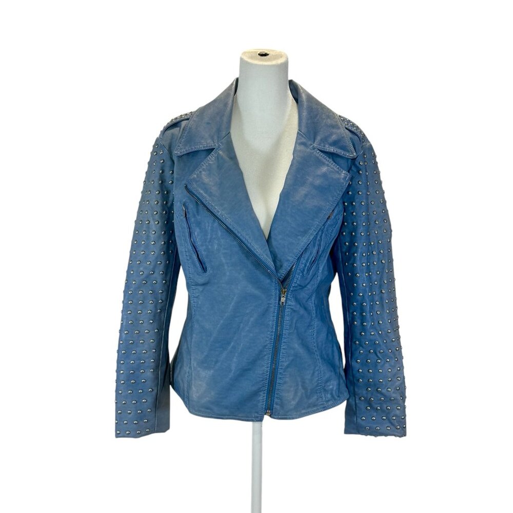 Studded Faux Leather Moto Jacket, Light Blue, Size M